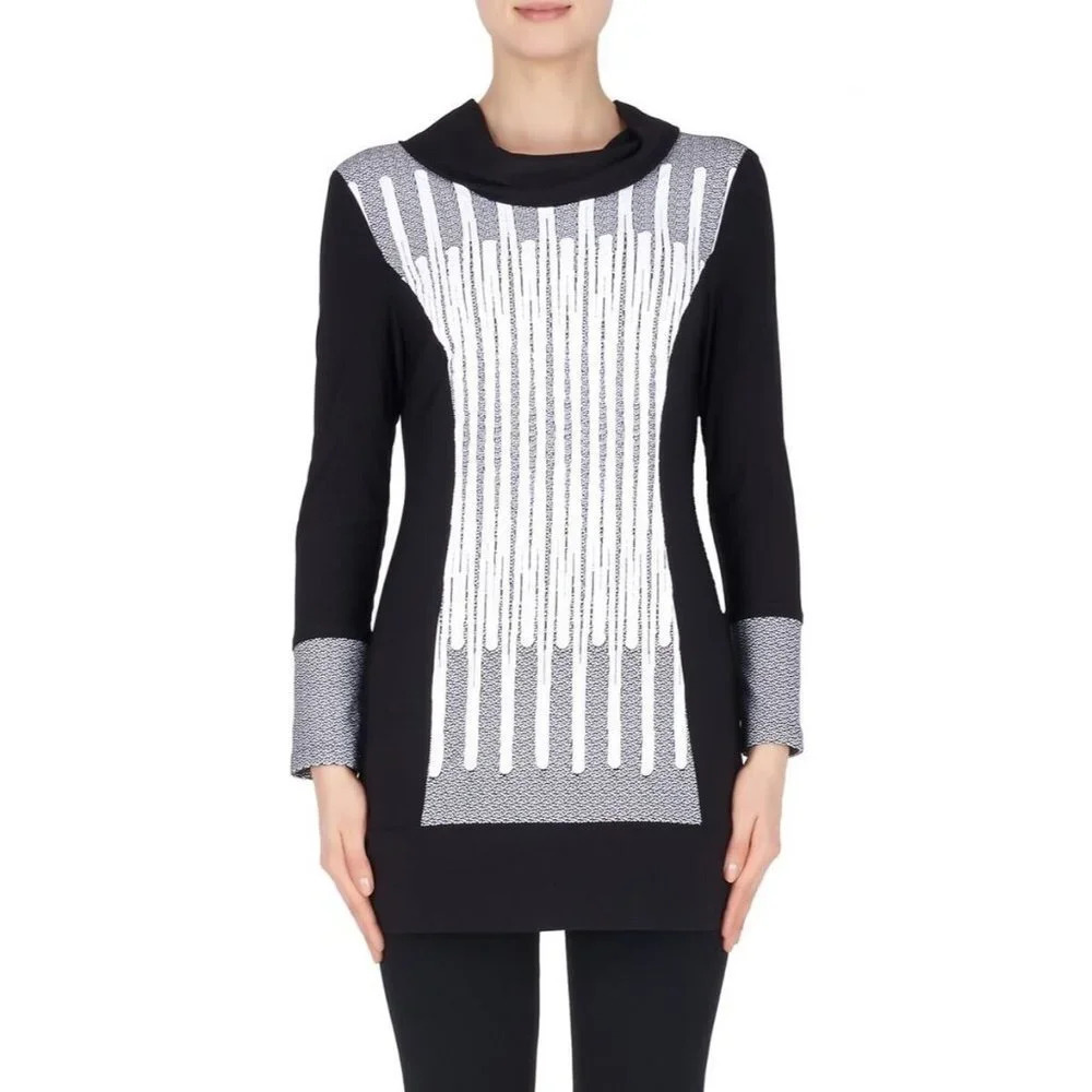 JOSEPH RIBKOFF Black/White Tunic Women’s Size 14 Cowl neck Long Sleeve